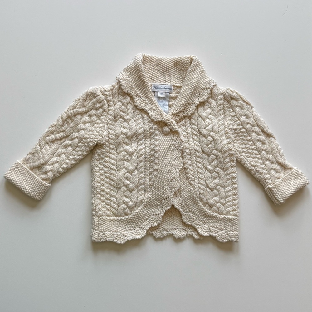 Ralph Lauren Baby Girl Cream Cable Knit Baby Cardigan - Size 6M
